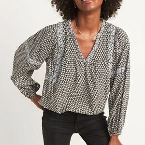 Old Navy Long-Sleeve Printed Poet Swing Blouse Women Size M Split-Neck Tunic